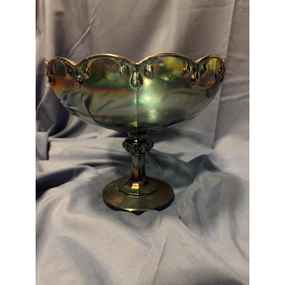 Vintage Indiana Glass Pedestal Bowl‎ Carnival Glass Peacock Blue Garland